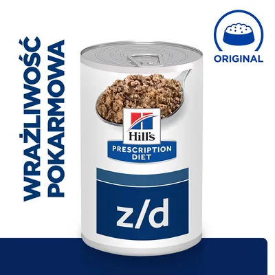Hill's Prescription Diet z/d, puszka karmy z widoczną zawartością. Tekst: WRAŻLIWOŚĆ POKARMOWA, ORIGINAL.