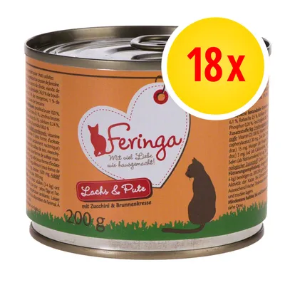 Feringa kattenvoer, Lachs & Pute mit Zucchini & Brunnenkresse, 200 g blik. Gele cirkel met rode tekst: 18x. Feringa kattenvoer, Lachs & Pute mit Zucchini & Brunnenkresse, 200 g blik. Gele cirkel met rode tekst: 18x.