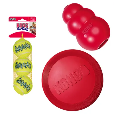 KONG Hundespielzeug-Set: Frisbee, KONG Classic, Tennisbälle - Medium (Frisbee, Classic M, Tennisbälle M 3er Pack)
