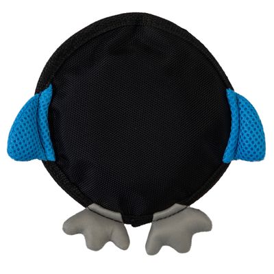 Rund svart leksak med blå vingar och grå fötter, lämplig för husdjur.