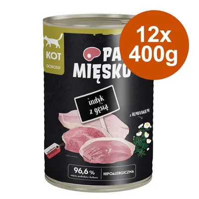 Boîte de pâtée pour chat adulte, marque Paka Mięsko, indyk z gęsią, 96,6 % viande, hypoallergénique, lot 12x400g. Texte en polonais sur l’étiquette.