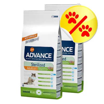 Advance Sterilized Adult Turkey and Barley kattmat, två förpackningar med rabattikon. Text: IMMUNEPLUS, CALORY CONTROL, URINARY CARE, DENTAL PROTECTION, INTESTINAL HEALTH.