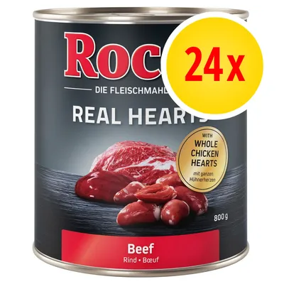 Rocco Real Hearts Beef, 800 g blik met rundvlees en hele kippenharten. Verpakking toont '24x' in gele cirkel. Tekst: Beef, Rind, Bœuf. Merknaam: Rocco.