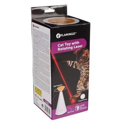 Emballage FLAMINGO Cat Toy with Rotating Laser, jouet électronique pour chat avec laser rotatif 360°, 3 modes de vitesse, portée jusqu’à 115 cm. Texte en anglais visible sur la boîte.