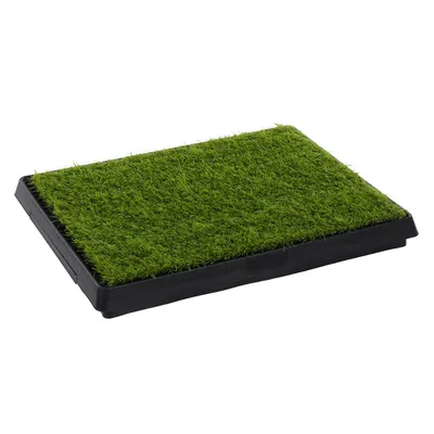 Kunstgrasmat met zwarte kunststof basis, rechthoekige vorm. Geschikt voor binnen of als huisdieraccessoire.