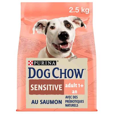Purina Dog Chow Sensitive Adult 1+ med lax, 2,5 kg, innehåller naturliga prebiotika.