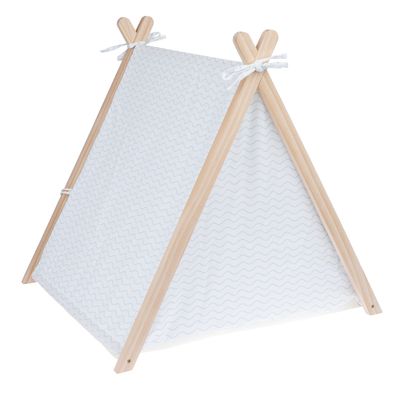 Träställning med vit tyg, blått vågmönster. Tältformat design med knytband för fastsättning.