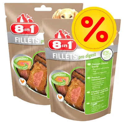 2 zakken 8in1 FILLETS pro digest kip snacks, zichtbaar product en merknaam, grote gele kortingssymbool met rood procentteken op de voorgrond. 2 zakken 8in1 FILLETS pro digest kip snacks, zichtbaar product en merknaam, grote gele kortingssymbool met rood procentteken op de voorgrond.
