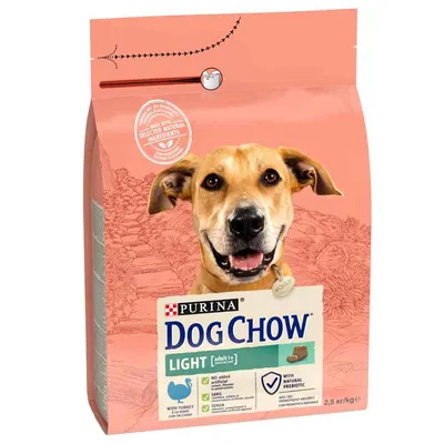 Purina Dog Chow Light för vuxna hundar, med kalkon, utan artificiella tillsatser, med naturligt prebiotikum. Förpackningsstorlek: 2,5 kg.