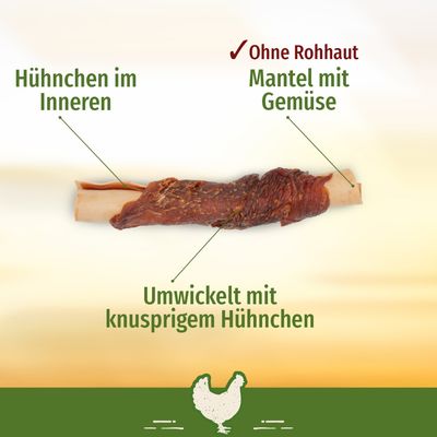 Snack ohne Rohhaut, mit Hähnchen im Inneren, umwickelt mit knusprigem Hähnchen und Mantel aus Gemüse.