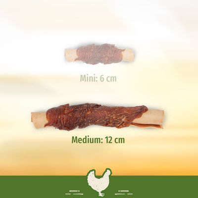 Rotoli da masticare con carne di pollo in due misure: Mini 6 cm, Medium 12 cm. Sullo sfondo simbolo di pollo.