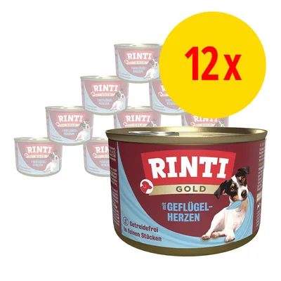 Lot de 12 boîtes Rinti Gold mit Geflügel-Herzen, texte visible : Getreidefrei In feinen Stücken, image d’un chien sur l’emballage. Texte en allemand.