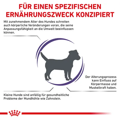 Texte en allemand : Für einen spezifischen Ernährungszweck konzipiert. Informations sur le vieillissement du chien, la masse corporelle, la force musculaire et les problèmes bucco-dentaires.
