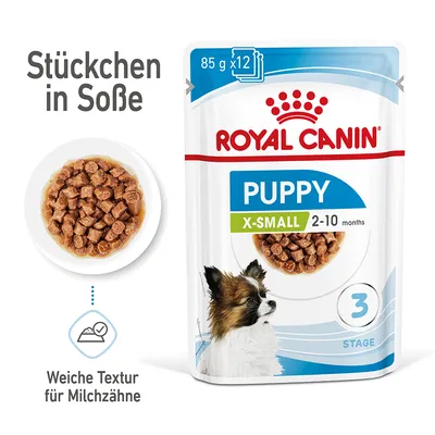 Royal Canin Puppy X-Small 2-10 Monate, Stückchen in Sosse, weiche Textur für Milchzähne, 85g x12 Packungen. Royal Canin Puppy X-Small 2-10 Monate, Stückchen in Sosse, weiche Textur für Milchzähne, 85g x12 Packungen.