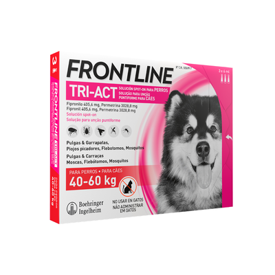 Frontline Tri-Act solución spot-on para perros, 40-60 kg. Eficaz contra pulgas, garrapatas, mosquitos y otros parásitos. No apto para gatos. Boehringer Ingelheim.