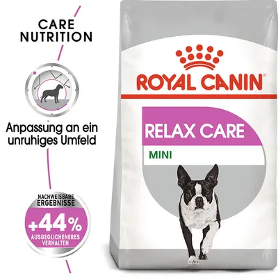 Royal Canin Relax Care Mini. Anpassung an ein unruhiges Umfeld, nachweisbare Ergebnisse: +44% ausgeglicheneres Verhalten.