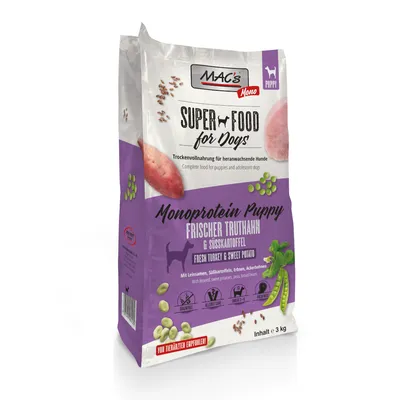 MAC's Mono Super Food za pse, monoproteinska hrana za mladiče, svež puran in sladki krompir, suha hrana za rastoče pse, 3 kg, priporočajo veterinarji.