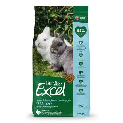 Burgess Excel Junior & Dwergkonijnen Nuggets mit Minze, 1,75 kg. 92% van de ingrediënten uit natuurlijke vezels. Voor konijnen en dwergkonijnen. Afbeelding van twee konijnen op de verpakking.