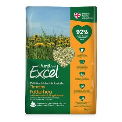 Burgess Excel Timothy Futterheu met paardenbloem en goudsbloem, 1 kg. 100% natuurlijke ingrediënten. Voor konijnen, cavia’s, chinchilla’s. 92% van de Britse dierenartsen bevelen aan.