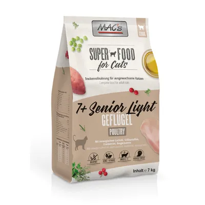 MAC's Super Food for Cats, sucha karma dla kotów od 7 lat, Senior Light drób, z olejem z łososia, batatami, żurawiną, ziołami górskimi, bez zbóż, Omega-3 i -6, 7 kg.