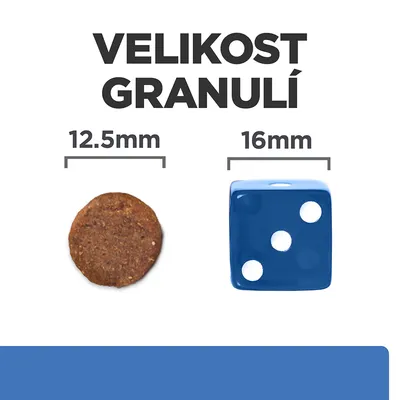 Porovnanie veľkosti granule 12,5 mm a modrej kocky 16 mm. Text: VELIKOST GRANULÍ. Hodnota 12,5 mm pri granuli, 16 mm pri kocke.