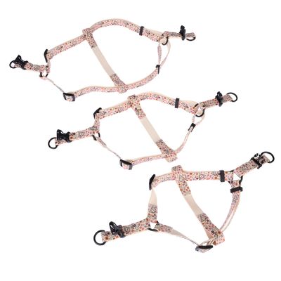 Twee verstelbare tuigjes met kleurrijk patroon en zwarte gespen, geschikt voor huisdieren. Zichtbare metalen ringen en kunststof sluitingen.