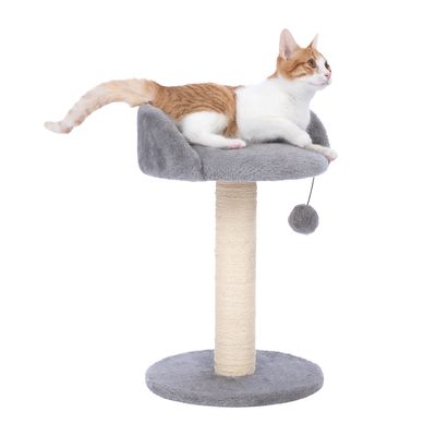 Kratzbaum mit grauer Liegefläche, Sisal-Kratzstamm und hängendem Spielball. Katze liegt auf der oberen Plattform.