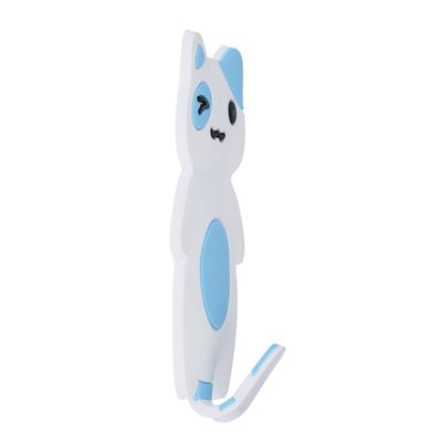 Krok i kattform, vit med blå accenter, lämplig för upphängning av föremål.