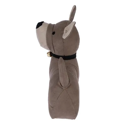 Brown dog-shaped soft toy with black collar and golden bell, side view.