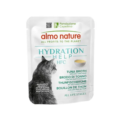 Almo Nature Hydration Help HFC caldo de atún con 25% de filete de atún. Ingredientes originalmente aptos para consumo humano, ahora comida para gatos. Para todas las etapas de vida.