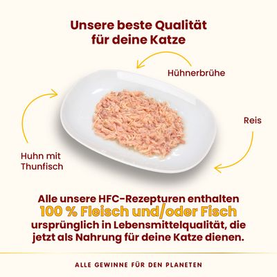 Unsere beste Qualität für deine Katze: Huhn mit Thunfisch, Hühnerbrühe und Reis. HFC-Rezepturen enthalten 100% Fleisch und/oder Fisch in Lebensmittelqualität als Nahrung für Katzen.