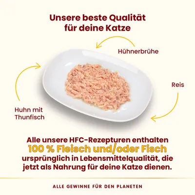 Unsere beste Qualität für deine Katze: Huhn mit Thunfisch, Hühnerbrühe und Reis. HFC-Rezepturen enthalten 100% Fleisch und/oder Fisch in Lebensmittelqualität als Nahrung für Katzen.