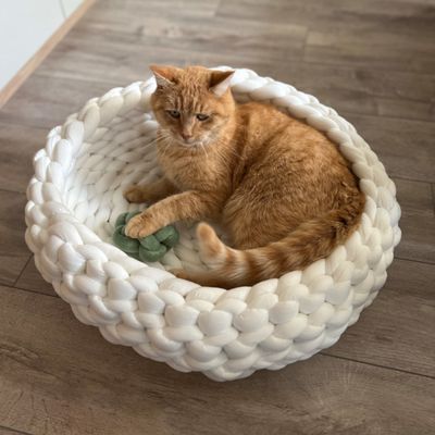 Cesta intrecciata per pet in lana spessa bianca con topo di stoffa verde. Contiene un gatto arancione.