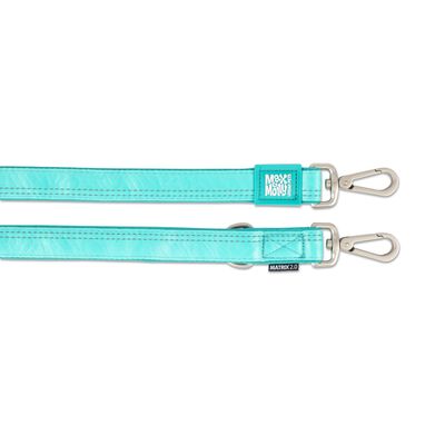 Laisse turquoise avec mousquetons métalliques, étiquette visible « Max & Molly » et mention « MATRIX 2.0 » sur la sangle.
