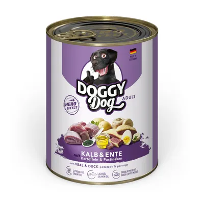 Doggy Dog Adult våtfoder, kalv och anka med potatis och palsternacka. Spannmålsfritt, laxolja, grönläppad mussla. Tillverkat i Tyskland.