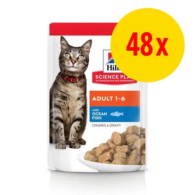 Hill's Science Plan Adult 1-6 mit Ocean Fish, Chunks & Gravy. Verpackung zeigt eine Katze und Schale mit Futter. Gelber Kreis mit rotem Text: 48x.