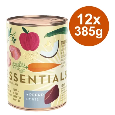 Boîte Sierra Canis Essentials +Pferd Horse, illustrations de légumes et viande, texte visible : 12x385g, ingrédients en anglais, 100 % Lebensmitt... ingrédients humains.