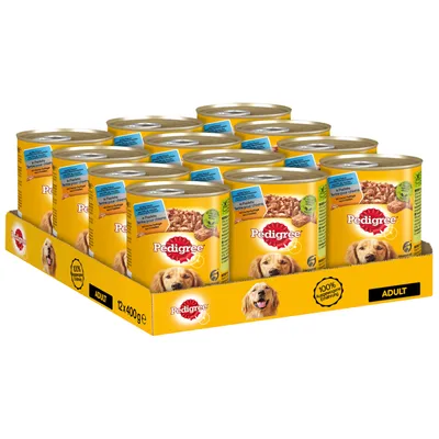 Pedigree Adult консервирана храна, 12 консерви по 400g, с 100% балансирано хранене и без изкуствени оцветители и ароматизатори.