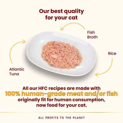 Plate showing Atlantic tuna, fish broth and rice. Text states HFC recipes use 100% human-grade meat or fish, originally fit for human consumption, now food for your cat.
