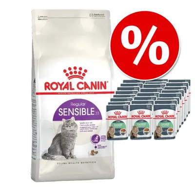 Royal Canin Regular Sensible 33 kattenvoer zak en meerdere Royal Canin Care Digest natvoerzakjes, grote rode procentteken voor korting zichtbaar.