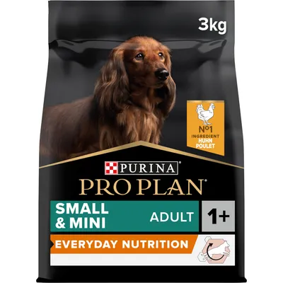Sac de croquettes Purina Pro Plan Small & Mini Adult 1+, Everyday Nutrition, 3 kg, No1 ingrédient poulet, pour chiens adultes de petite taille. Texte en anglais et allemand visible.