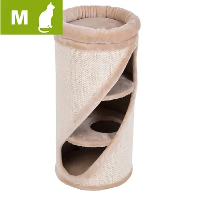 Drapak dla kota, rozmiar M, beżowy, cylindryczny kształt z trzema poziomami i otworami, materiał: tkanina i plusz. Widoczna ikona kota oraz litera M w zielonym polu.