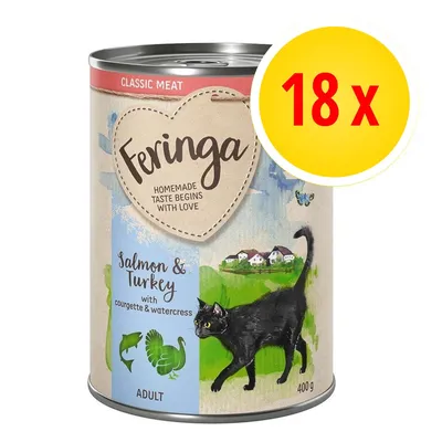 Feringa Classic Meat, Salmon & Turkey with courgette & watercress, 400 g, lot de 18 boîtes, pour chat adulte. Texte en anglais sur l’emballage.