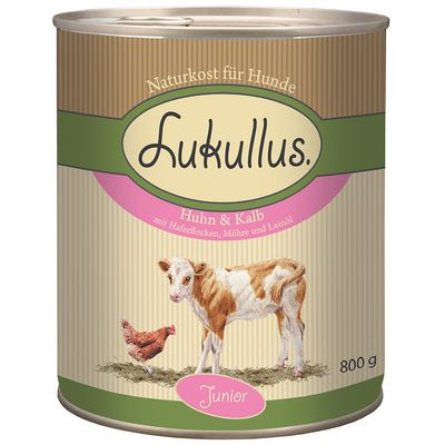 Икономична опаковка Lukullus Junior 24 x 800 г - смесена опаковка: пилешко и телешко месо + птиче месо и дивеч