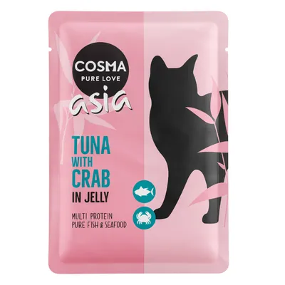 Cosma Asia kattmat, tonfisk med krabba i gelé, multi-protein, ren fisk och skaldjur.