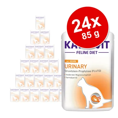 Kattovit Feline Diet Urinary mit Huhn, 24 x 85 g. Struvitstein-Prophylaxe (FLUTD), moderater Magnesiumgehalt, harnsäuernd. Pakke med portionsposer til kat.