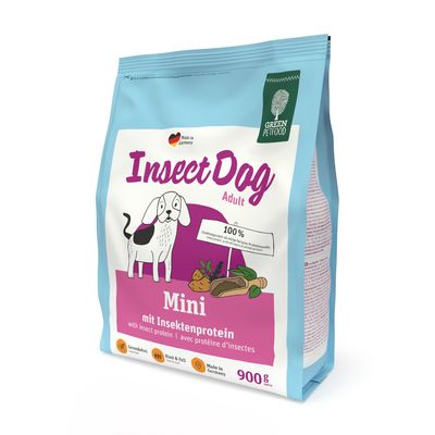 Sac de 900 g Green Petfood InsectDog Adult Mini, avec protéine d’insectes, mention « Made in Germany », texte visible : « mit Insektenprotein », « avec protéine d’insectes »