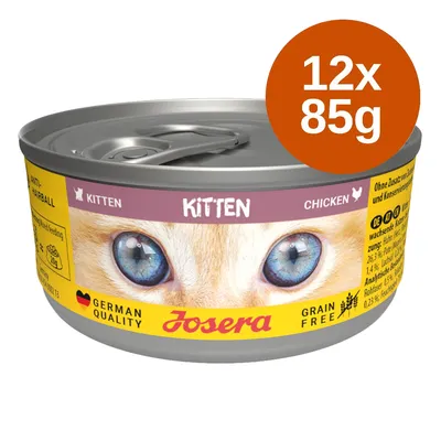 Josera Kitten nedves eledel csirkével, szőrlabda elleni, hozzáadott cukor és tartósítószer nélkül, German Quality, gabonamentes, kiszerelés: 12x85g.