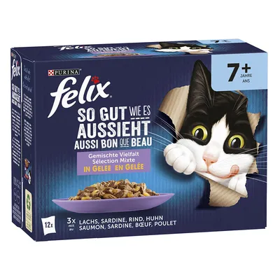 Purina Felix So gut wie es aussieht, karma dla kotów 7+, 12x100g, smaki: łosoś, sardynia, wołowina, kurczak w galarecie. Widoczny kot i miska z karmą na opakowaniu.