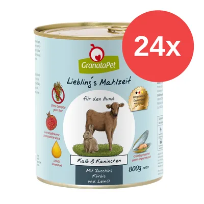GranataPet Lieblings Mahlzeit für den Hund, Kalb & Kaninchen mit Zucchini, Kürbis und Leinöl, ohne Getreide, hergestellt in Deutschland, 24x 800g Dose.